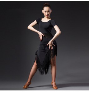 Black short sleeves irregular hem side split short sleeves women's ladies female performance competition performance latin salsa samba dance dresses